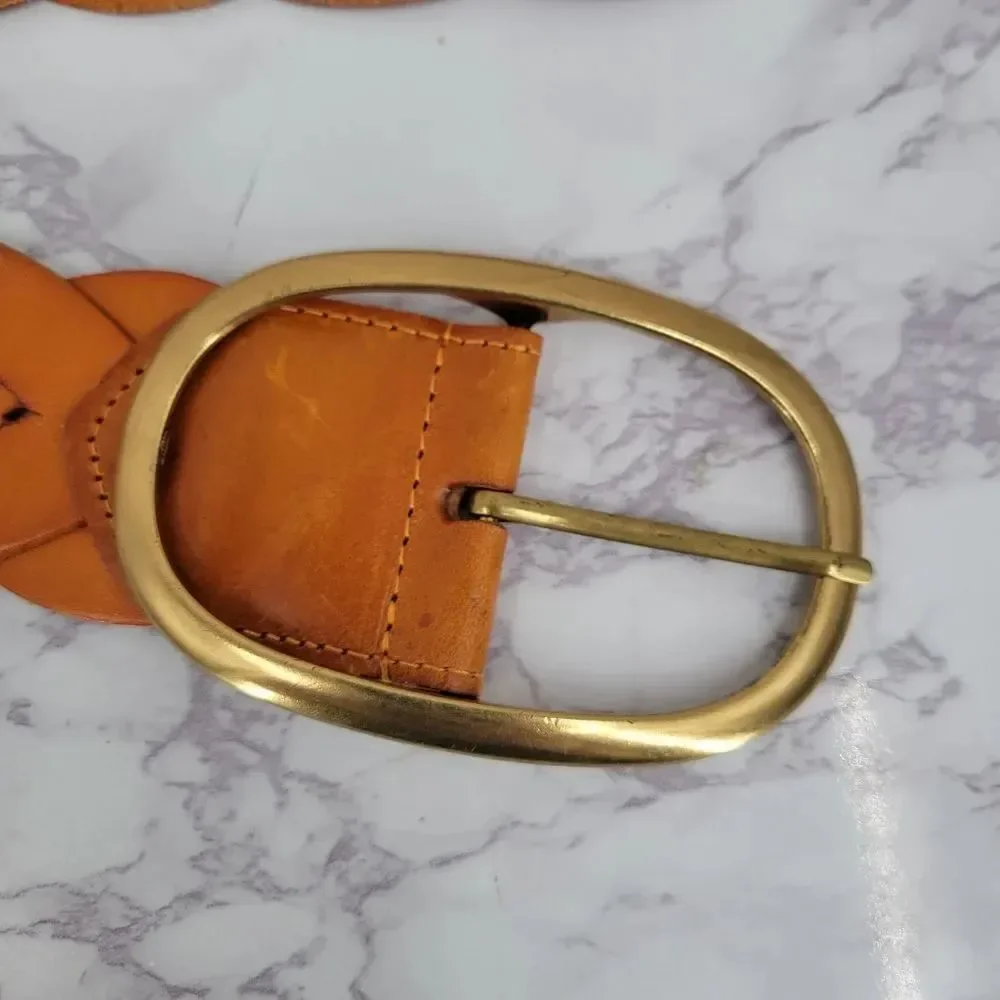 Miss Me Braided Woven Orangey Tan Leather Belt with Large Gold Toned Oval Buckle